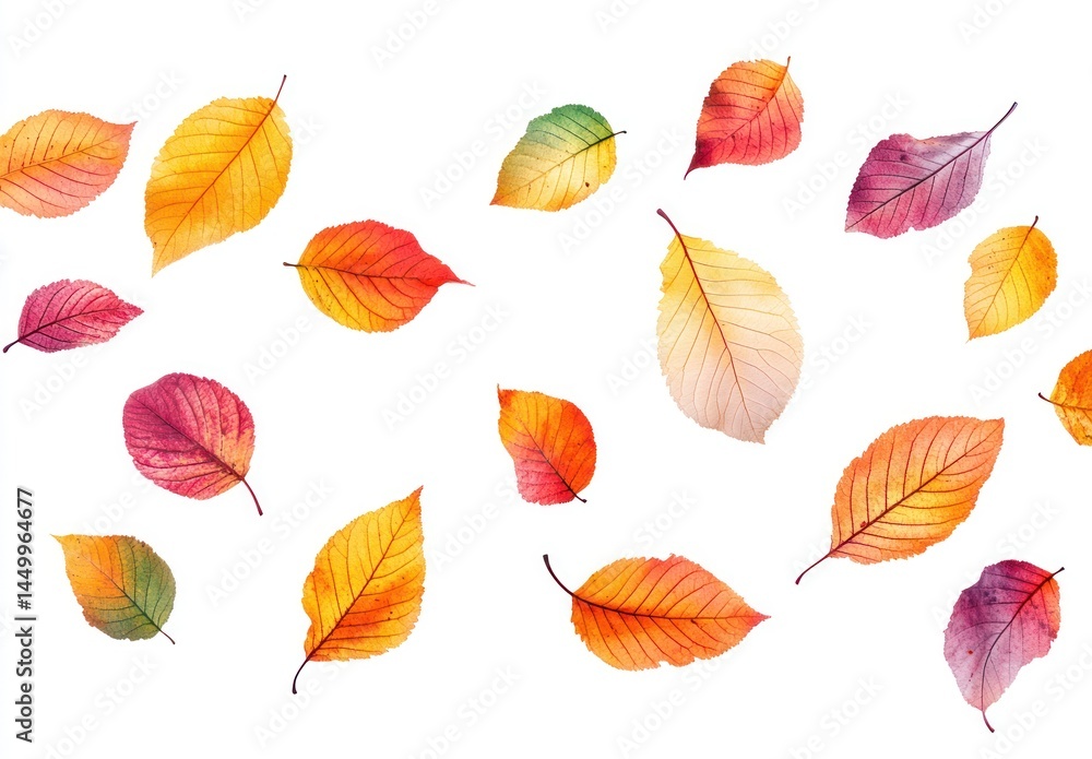 Obraz premium Colorful Autumn Leaves Falling on a White Background Representing Seasonal Change and Natural Beauty