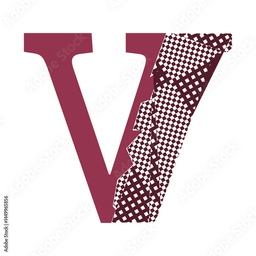 A stylized letter V in maroon with a section of the right arm featuring a textured pattern of white squares on a maroon background.