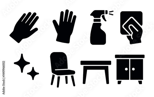 Household cleaning silhouette icons set – tools, chores, sanitation symbols
