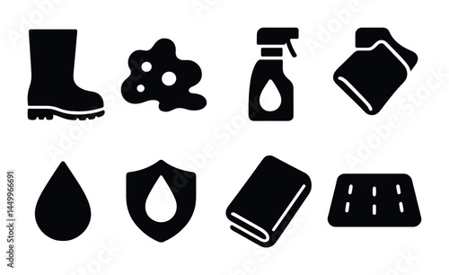Cleaning and maintenance solid icons set – filled, sanitation and hygiene symbols for cleanliness