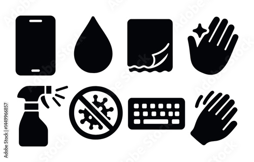 Hygiene and cleaning icon set – solid, sanitation, disinfection, health safety symbols