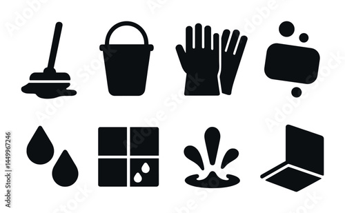 Cleaning and hygiene silhouette icon set – sanitize, cleanliness, housework symbols