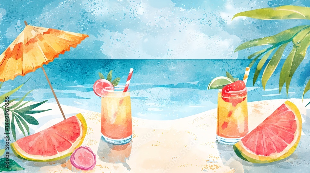 A beach scene with a couple of drinks and a large umbrella