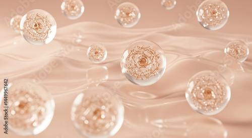 Abstract Representation of Cells Floating in a Fluid Medium, Showcasing Microscopic Life Forms in a Soft Color Palette of Cream and Beige