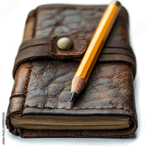 Leather Sketchbook With A Graphite Pencil, vector watercolor illustration, isolated on a white background.