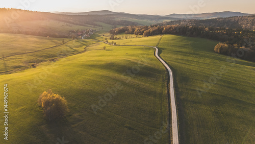 Green meadows at sunset in Poland