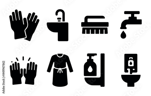 Hygiene and sanitation solid icon set – filled, cleanliness and health safety symbols
