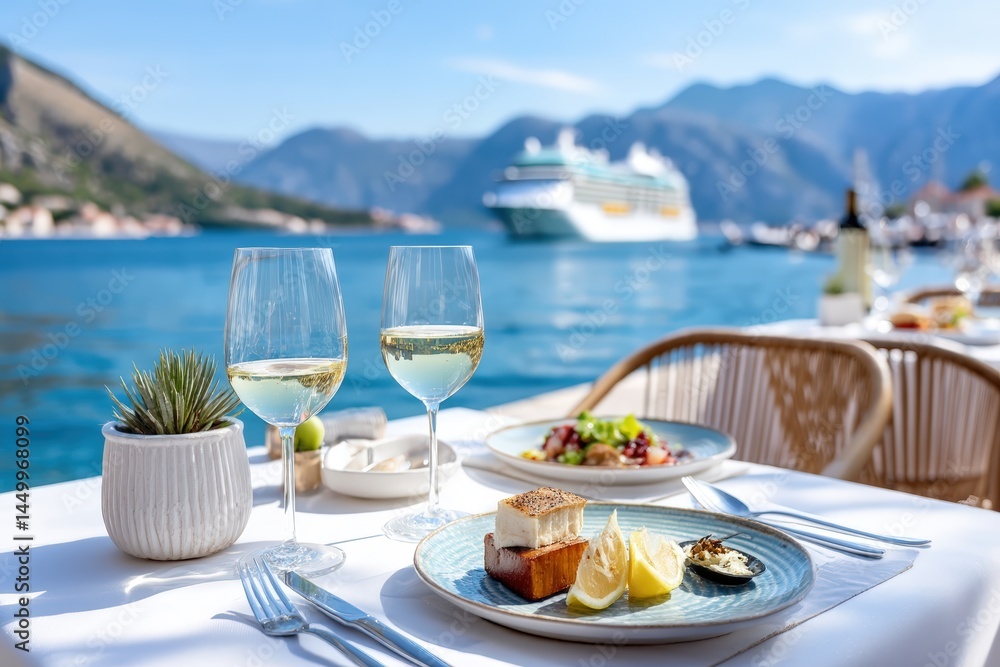 Fototapeta premium Elegant outdoor dining by the sea with wine, gourmet food, and a cruise ship in the background, surrounded by mountains.