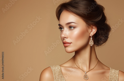 Beautiful girl with set jewelry .   Woman in a necklace with a ring, earrings and a bracelet. Beauty and accessories.