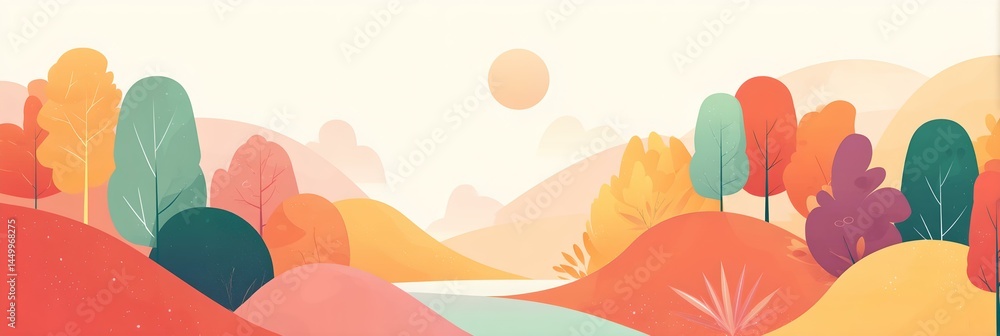 A colorful landscape with trees and a river