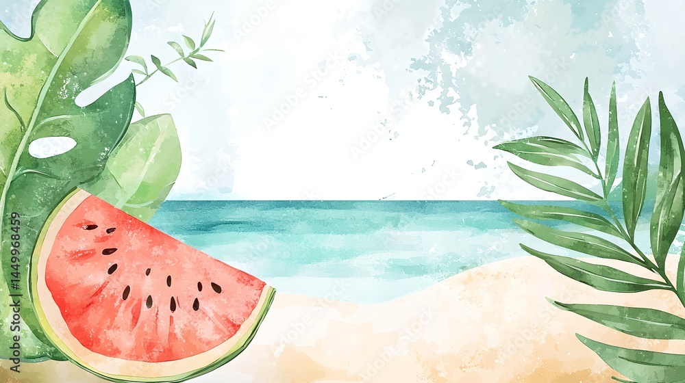 A watermelon is on a beach with a blue ocean in the background