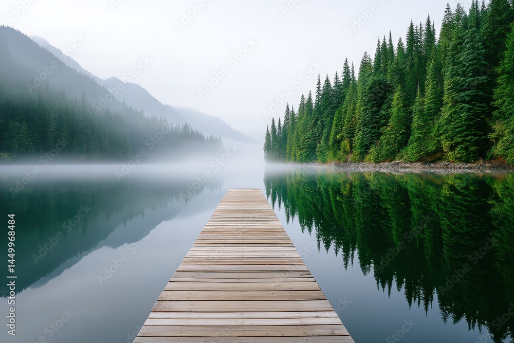 A serene wooden dock extends over a misty, calm lake surrounded by dense evergreen forest and mountains. A serene wooden dock extends over a misty, calm lake surrounded by dense evergreen forest and mountains.