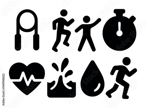 Fitness and exercise solid icon set – filled, workout and physical activity symbols