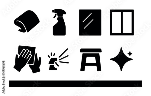 House cleaning solid icon set – silhouette, home sanitation and hygiene symbols