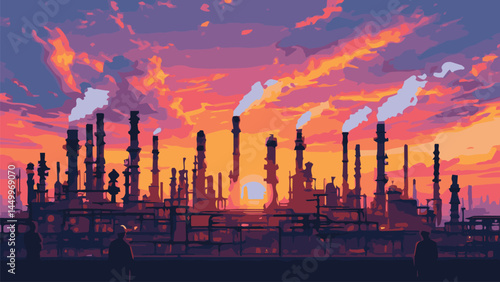 oil refinery at sunset