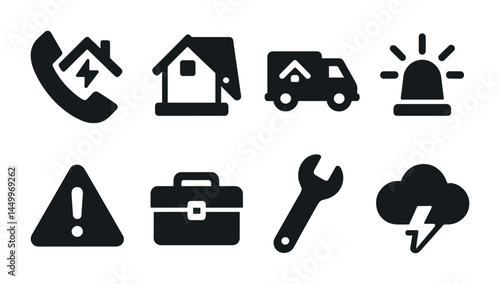 Emergency services solid icons set – silhouette, rescue, disaster response symbols