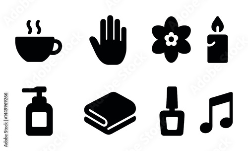Spa and relaxation solid icons set – filled, wellness and self-care symbol collection