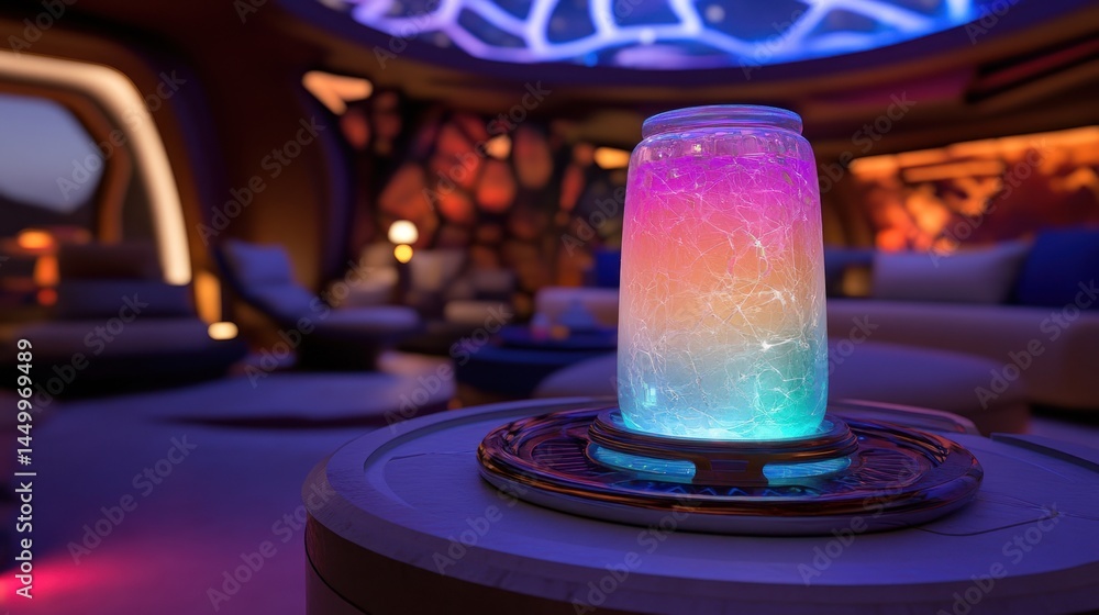 Obraz premium Futuristic lounge, glowing drink, vibrant interior