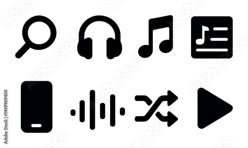 Music and audio solid icon set – filled, sound and playlist management symbols