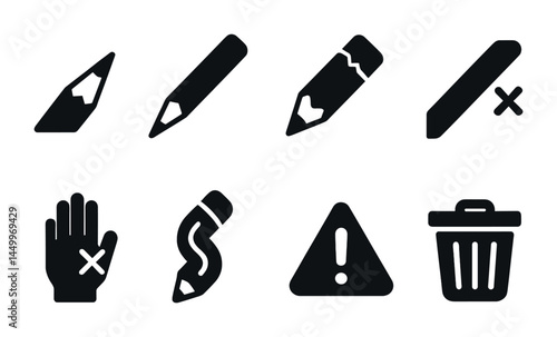 Editing and correction solid icons set – flat, filled, writing and proofreading symbols