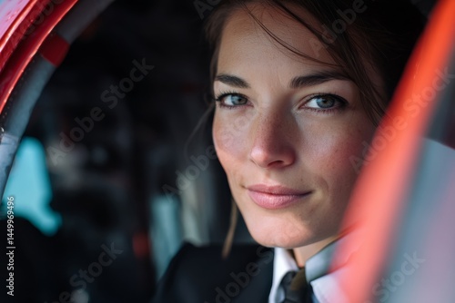 A beautiful, young woman in a pilot's cockpit, her striking gaze directly at the viewer.