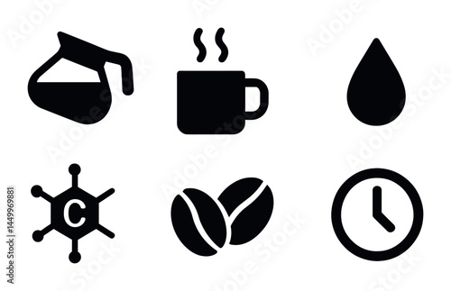 Coffee and caffeine solid icons set – filled, beverage and energy symbols