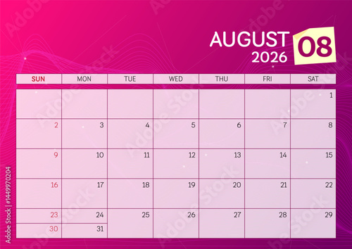 August 2026 Calendar. Week start on Sunday. Desk calendar 2026 design, simple and clean design, Wall calendar for print, digital calendar, Corporate design planner template.