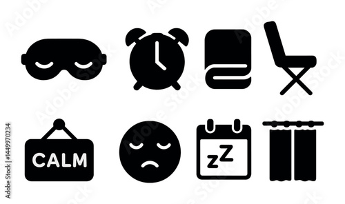Sleep and relaxation solid icons set – filled, calming, bedtime symbols