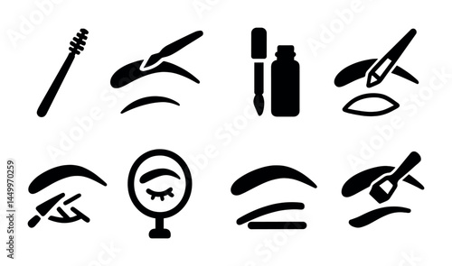 Eyebrow grooming silhouette icons set – beauty, makeup, and cosmetic styling symbols