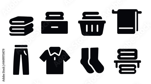 Laundry and cleaning solid icons set – silhouette, washing and housekeeping symbols