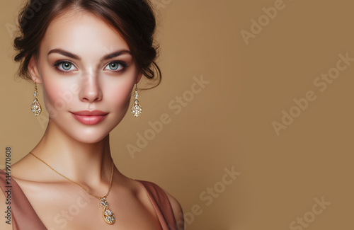 Beautiful girl with set jewelry .   Woman in a necklace with a ring, earrings and a bracelet. Beauty and accessories.