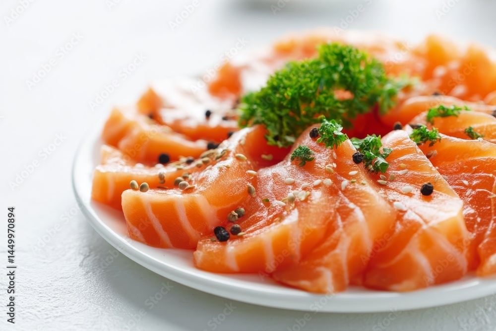 Close-up of fresh salmon sashimi, elegantly arranged with herbs and sesame seeds on a white plate. Close-up of fresh salmon sashimi, elegantly arranged with herbs and sesame seeds on a white plate.