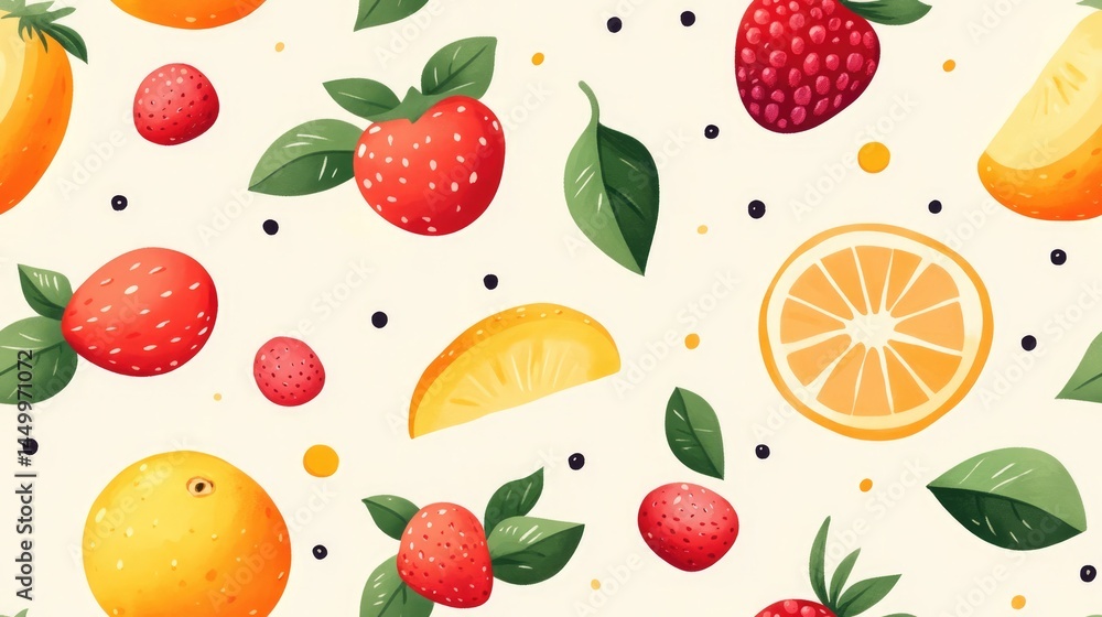 Watercolour fruity seamless template with strawberries, oranges and berries for food blogs, kitchen decor and summer design. Watercolour fruity seamless template with strawberries, oranges and berries for food blogs, kitchen decor and summer design.