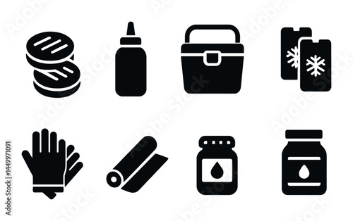 Outdoor camping silhouette icons set – hiking, adventure, travel essential symbols