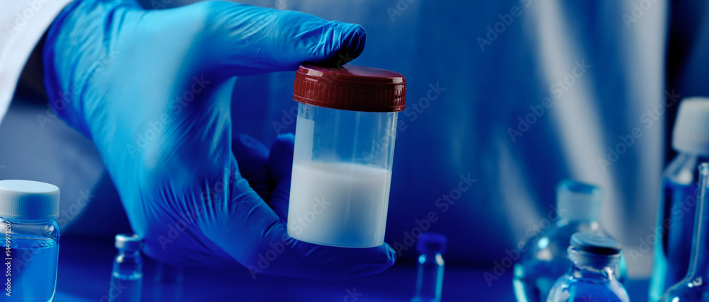 man holding a container with semen, banner