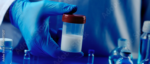 man holding a container with semen, banner