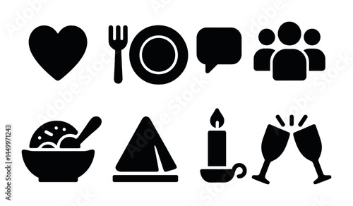 Social and leisure silhouette icon pack – solid, community, recreation, interaction symbols