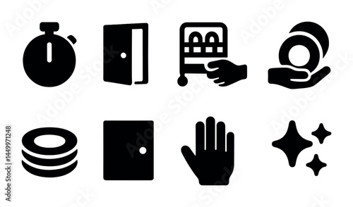 Housework and cleaning solid icons set – silhouette, chores and household task symbols