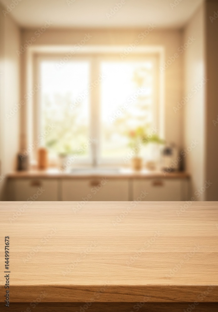 Fototapeta premium Modern kitchen empty wooden table window mockup sink in a hotel interior design