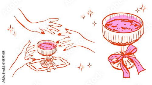 Hand drawn champagne coupe glass illustartion, Champagne glass on serving tray surrounded by elegant hands, Minimal line art champagne doodle illustration for invitations, menus and web icons