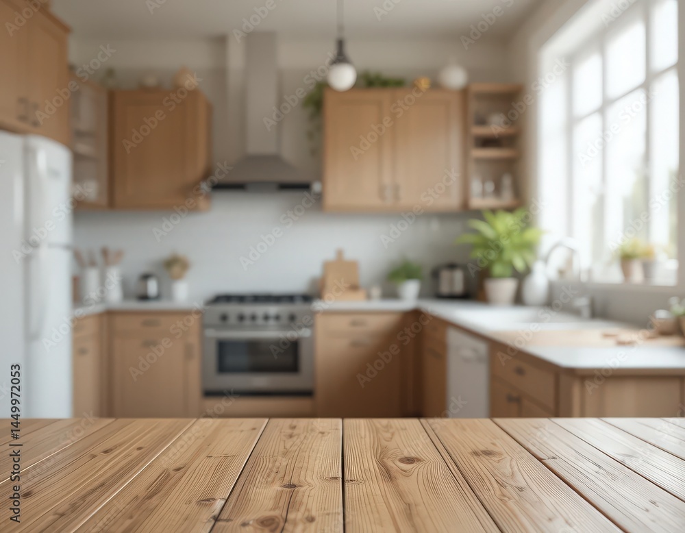 Fototapeta premium Modern kitchen empty wooden table window mockup sink in a hotel interior design