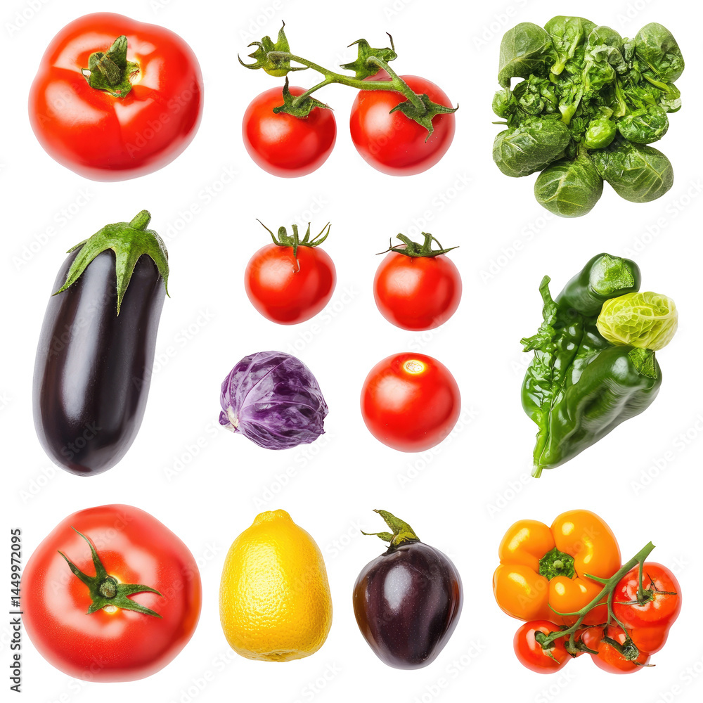 Assorted fresh produce, overhead view.  A variety of colorful vegetables are displayed, including tomatoes, peppers, eggplant, spinach, and a purple cabbage. 