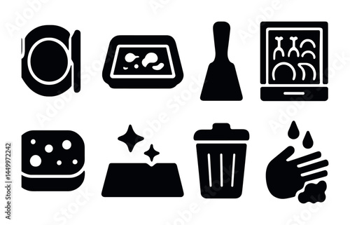 Home cleaning solid icons set – filled, housekeeping and sanitation symbols collection