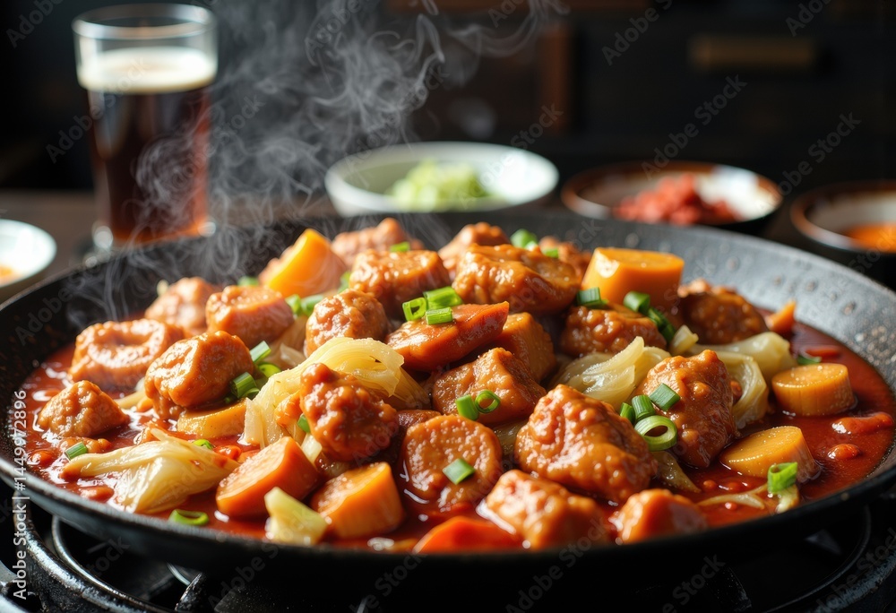 Delicious Korean sweet and sour pork served in a sizzling pan Delicious Korean sweet and sour pork served in a sizzling pan