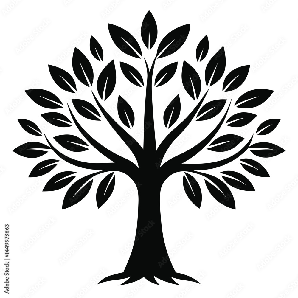 Obraz premium Black and white silhouette, stylized tree illustration, symmetrical design, simplified leaf shapes, rounded canopy, thick trunk, nature symbol, minimalist artwork, graphic vector style