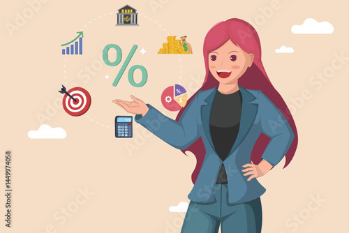 Businesswoman Presenting Financial Icons Related to Interest Rates, Banking, and Investment Planning.