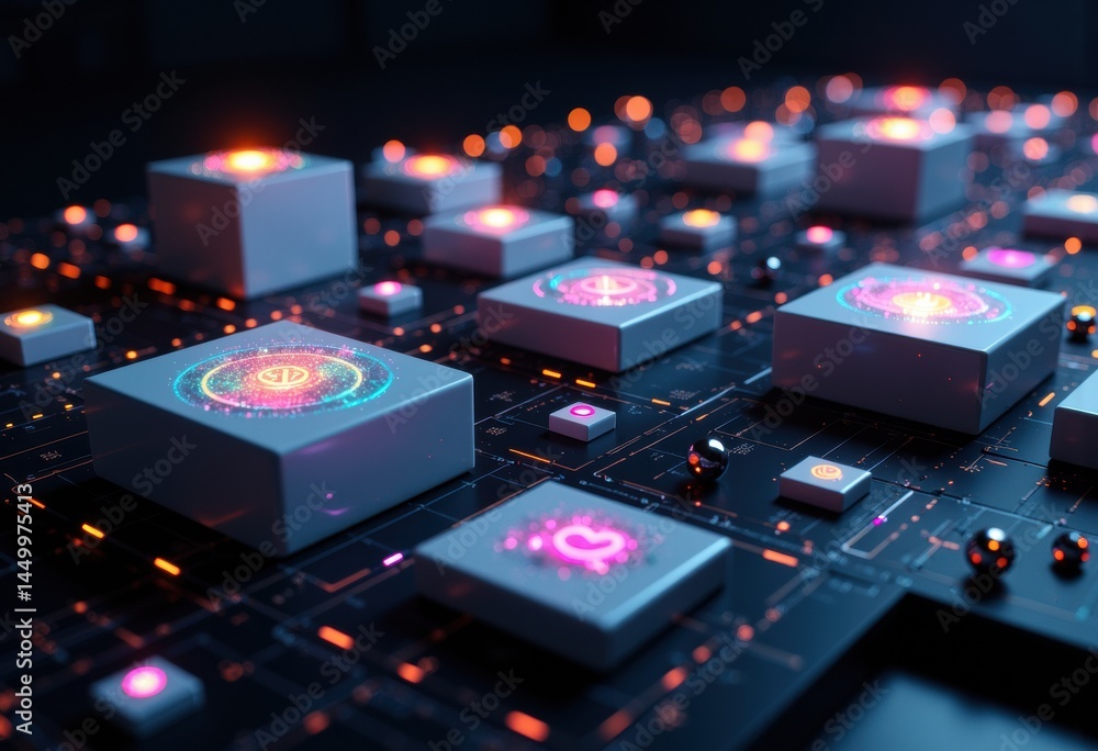 Futuristic digital interface with glowing icons and circuit patterns