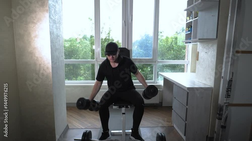 An athlete performs a shoulder exercise by lifting dumbbells with weight. Home workout. Young athlete in a workout apartment. Slow motion.