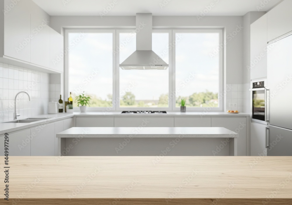 Fototapeta premium Modern kitchen empty wooden table window mockup sink in a hotel interior design