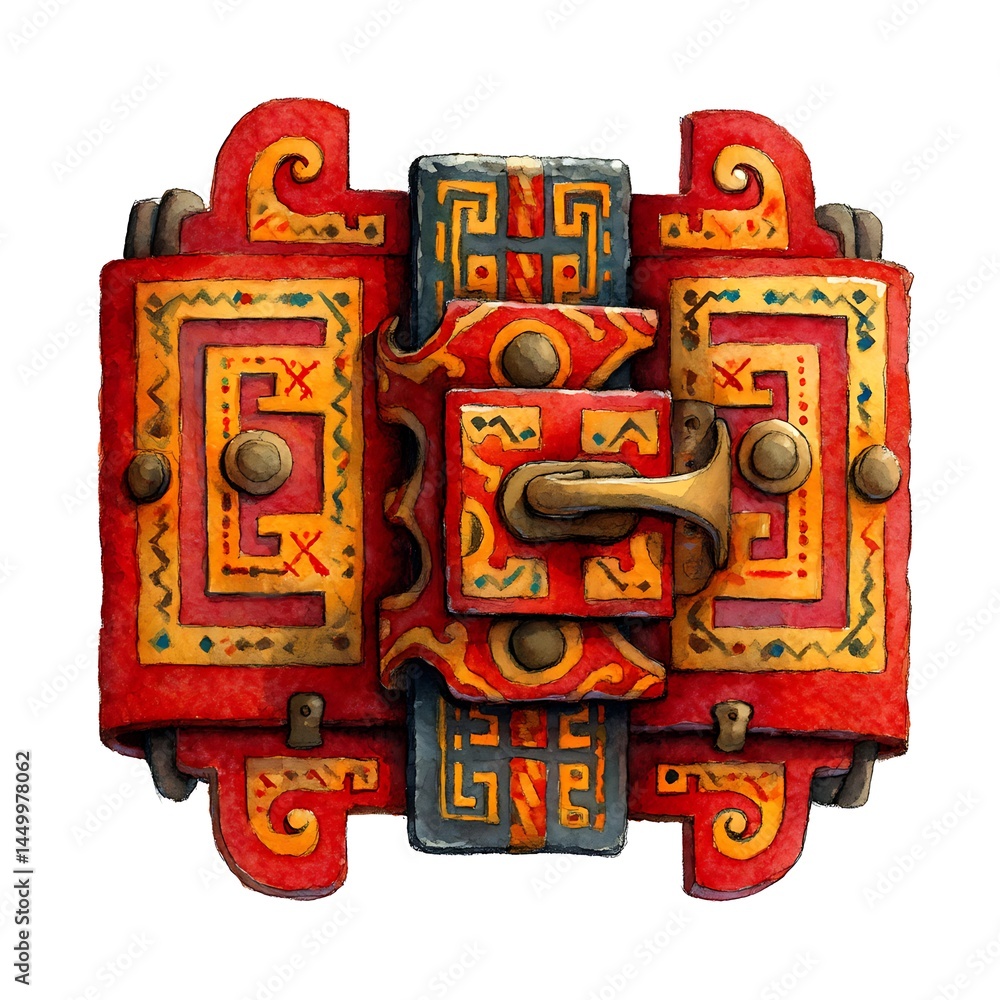 Fototapeta premium Ornate Watercolor Painting of an Ancient Clasp or Latch. A detailed illustration of a richly decorated fastening device, possibly from an antique chest or box.